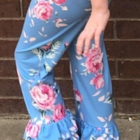 Blue Floral Print Ruffle Pants - Picture 2 of 3